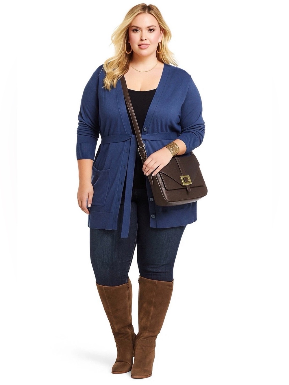 F&F Women's Blue Long Cardigan Size 16 Button Down Sweater Belted Pocket Tunic